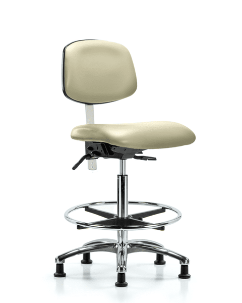 Class 100 Vinyl Clean Room Chair - High Bench Height with Chrome Foot Ring & Stationary Glides in Adobe White Trailblazer Vinyl - NCR-VHBCH-CR-T0-A0-CF-RG-8501