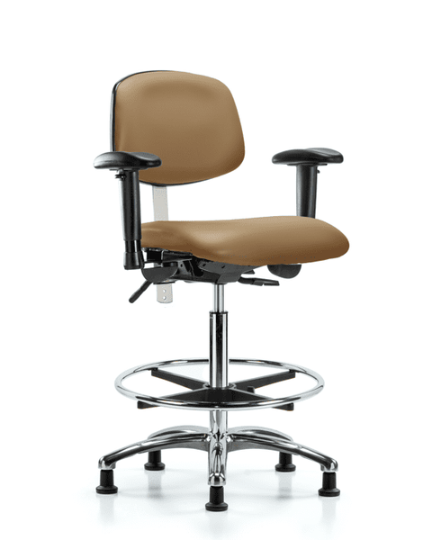 Class 100 Vinyl Clean Room Chair - High Bench Height with Adjustable Arms, Chrome Foot Ring, & Stationary Glides in Taupe Trailblazer Vinyl - NCR-VHBCH-CR-T0-A1-CF-RG-8584
