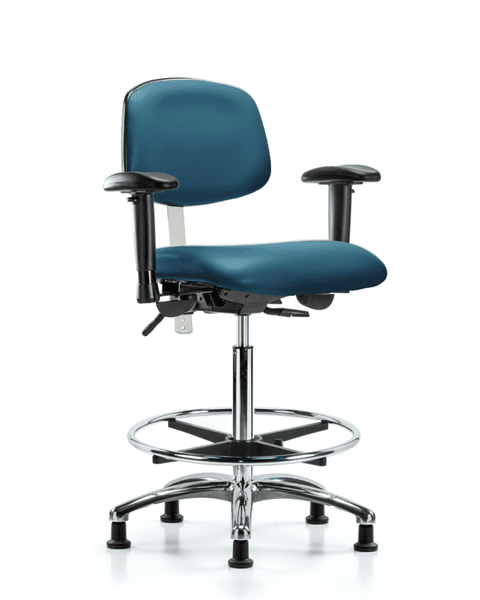 Class 100 Vinyl Clean Room Chair - High Bench Height with Adjustable Arms, Chrome Foot Ring, & Stationary Glides in Marine Blue Supernova Vinyl - NCR-VHBCH-CR-T0-A1-CF-RG-8801