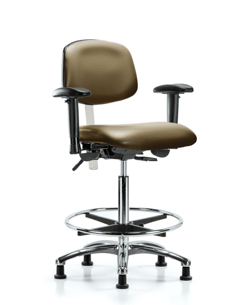 Class 100 Vinyl Clean Room Chair - High Bench Height with Adjustable Arms, Chrome Foot Ring, & Stationary Glides in Taupe Supernova Vinyl - NCR-VHBCH-CR-T0-A1-CF-RG-8809