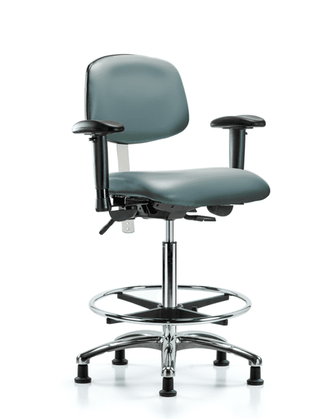 Class 100 Vinyl Clean Room Chair - High Bench Height with Adjustable Arms, Chrome Foot Ring, & Stationary Glides in Storm Supernova Vinyl - NCR-VHBCH-CR-T0-A1-CF-RG-8822