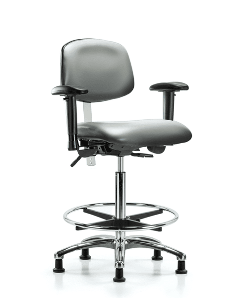 Class 100 Vinyl Clean Room Chair - High Bench Height with Adjustable Arms, Chrome Foot Ring, & Stationary Glides in Sterling Supernova Vinyl - NCR-VHBCH-CR-T0-A1-CF-RG-8840