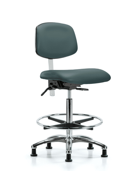 Class 100 Vinyl Clean Room Chair - High Bench Height with Seat Tilt, Chrome Foot Ring, & Stationary Glides in Colonial Blue Trailblazer Vinyl - NCR-VHBCH-CR-T1-A0-CF-RG-8546