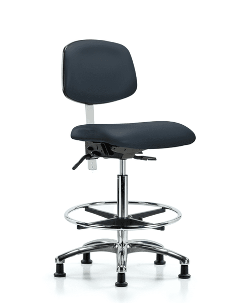 Class 100 Vinyl Clean Room Chair - High Bench Height with Seat Tilt, Chrome Foot Ring, & Stationary Glides in Imperial Blue Trailblazer Vinyl - NCR-VHBCH-CR-T1-A0-CF-RG-8582