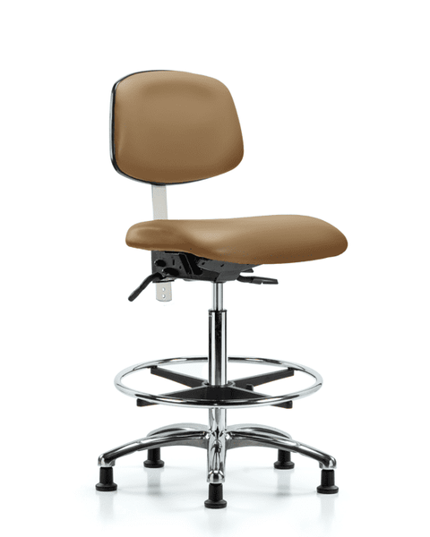 Class 100 Vinyl Clean Room Chair - High Bench Height with Seat Tilt, Chrome Foot Ring, & Stationary Glides in Taupe Trailblazer Vinyl - NCR-VHBCH-CR-T1-A0-CF-RG-8584
