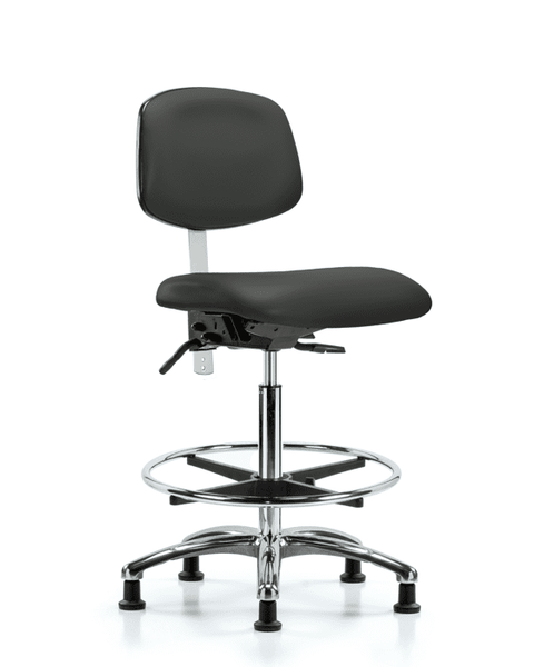 Class 100 Vinyl Clean Room Chair - High Bench Height with Seat Tilt, Chrome Foot Ring, & Stationary Glides in Charcoal Trailblazer Vinyl - NCR-VHBCH-CR-T1-A0-CF-RG-8605