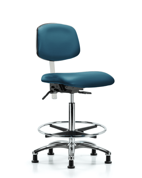 Class 100 Vinyl Clean Room Chair - High Bench Height with Seat Tilt, Chrome Foot Ring, & Stationary Glides in Marine Blue Supernova Vinyl - NCR-VHBCH-CR-T1-A0-CF-RG-8801