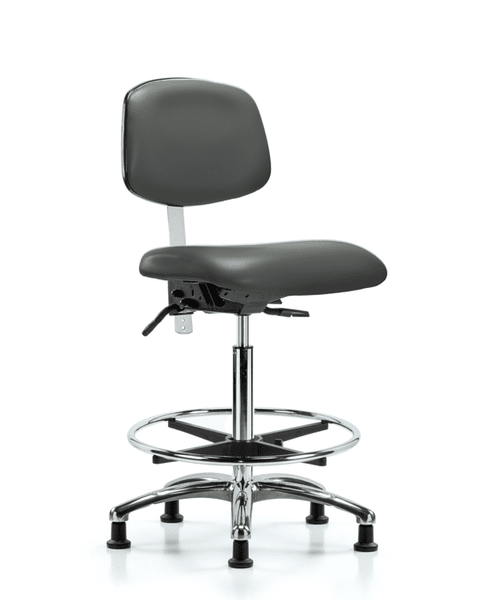 Class 100 Vinyl Clean Room Chair - High Bench Height with Seat Tilt, Chrome Foot Ring, & Stationary Glides in Carbon Supernova Vinyl - NCR-VHBCH-CR-T1-A0-CF-RG-8823