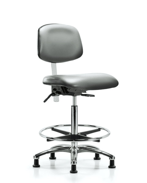 Class 100 Vinyl Clean Room Chair - High Bench Height with Seat Tilt, Chrome Foot Ring, & Stationary Glides in Sterling Supernova Vinyl - NCR-VHBCH-CR-T1-A0-CF-RG-8840