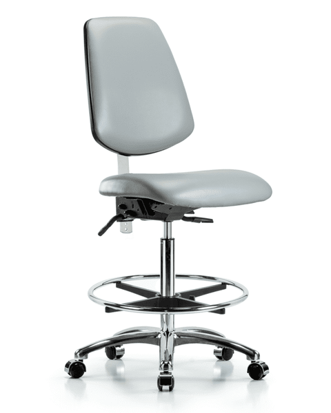Class 100 Vinyl Clean Room Chair - High Bench Height with Medium Back, Chrome Foot Ring, & Casters in Dove Trailblazer Vinyl - NCR-VHBCH-MB-CR-T0-A0-CF-CC-8567