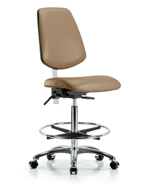 Class 100 Vinyl Clean Room Chair - High Bench Height with Medium Back, Chrome Foot Ring, & Casters in Taupe Trailblazer Vinyl - NCR-VHBCH-MB-CR-T0-A0-CF-CC-8584