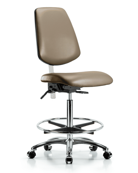 Class 100 Vinyl Clean Room Chair - High Bench Height with Medium Back, Chrome Foot Ring, & Casters in Taupe Supernova Vinyl - NCR-VHBCH-MB-CR-T0-A0-CF-CC-8809