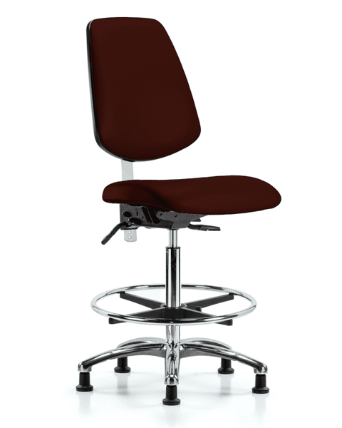 Class 100 Vinyl Clean Room Chair - High Bench Height with Medium Back, Chrome Foot Ring, & Stationary Glides in Burgundy Trailblazer Vinyl - NCR-VHBCH-MB-CR-T0-A0-CF-RG-8569