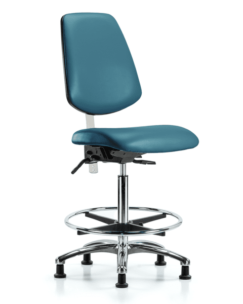 Class 100 Vinyl Clean Room Chair - High Bench Height with Medium Back, Chrome Foot Ring, & Stationary Glides in Marine Blue Supernova Vinyl - NCR-VHBCH-MB-CR-T0-A0-CF-RG-8801