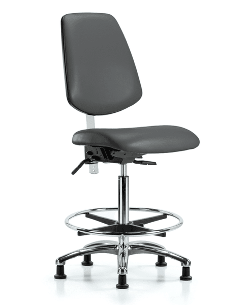 Class 100 Vinyl Clean Room Chair - High Bench Height with Medium Back, Chrome Foot Ring, & Stationary Glides in Carbon Supernova Vinyl - NCR-VHBCH-MB-CR-T0-A0-CF-RG-8823