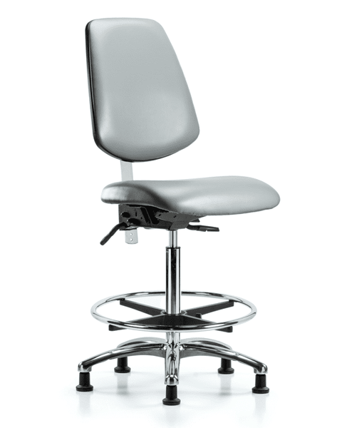 Class 100 Vinyl Clean Room Chair - High Bench Height with Medium Back, Chrome Foot Ring, & Stationary Glides in Sterling Supernova Vinyl - NCR-VHBCH-MB-CR-T0-A0-CF-RG-8840