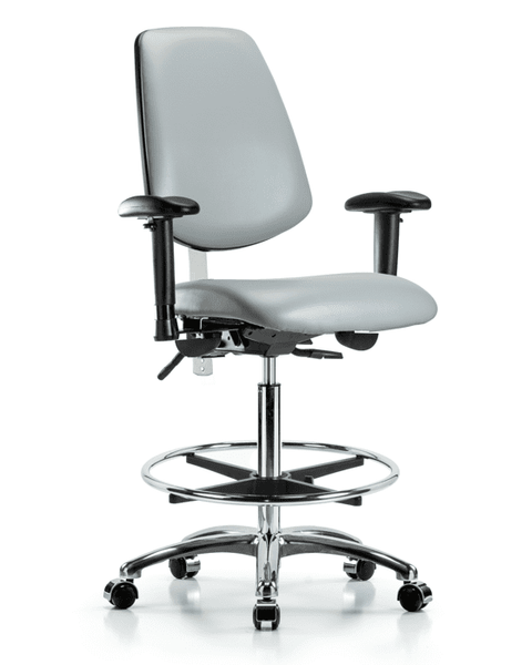 Class 100 Vinyl Clean Room Chair - High Bench Height with Medium Back, Adjustable Arms, Chrome Foot Ring, & Casters in Dove Trailblazer Vinyl - NCR-VHBCH-MB-CR-T0-A1-CF-CC-8567
