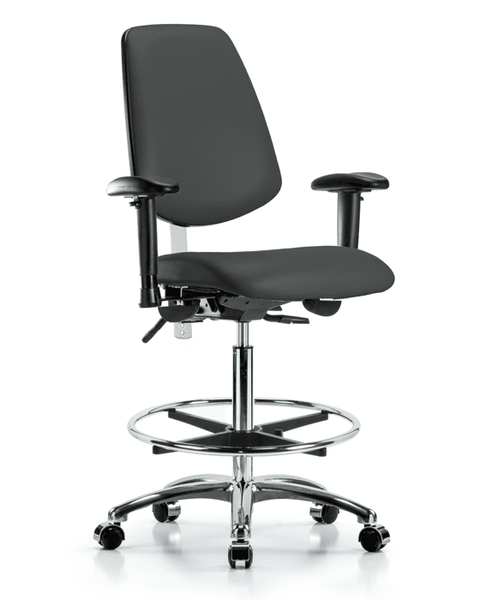 Class 100 Vinyl Clean Room Chair - High Bench Height with Medium Back, Adjustable Arms, Chrome Foot Ring, & Casters in Charcoal Trailblazer Vinyl - NCR-VHBCH-MB-CR-T0-A1-CF-CC-8605