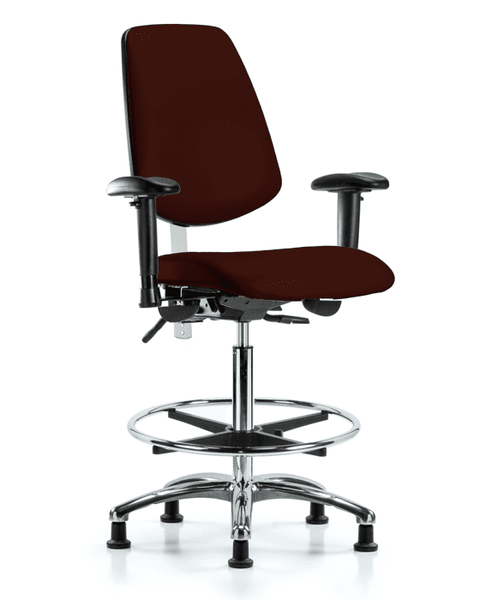 Class 100 Vinyl Clean Room Chair - High Bench Height with Medium Back, Adjustable Arms, Chrome Foot Ring, & Stationary Glides in Burgundy Trailblazer Vinyl - NCR-VHBCH-MB-CR-T0-A1-CF-RG-8569