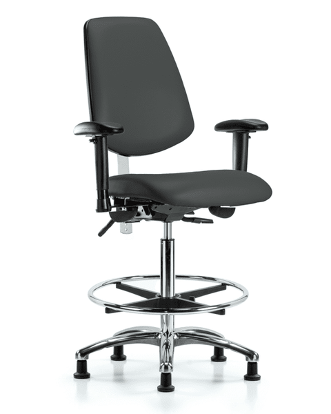 Class 100 Vinyl Clean Room Chair - High Bench Height with Medium Back, Adjustable Arms, Chrome Foot Ring, & Stationary Glides in Charcoal Trailblazer Vinyl - NCR-VHBCH-MB-CR-T0-A1-CF-RG-8605