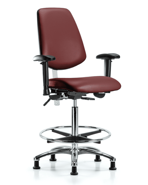 Class 100 Vinyl Clean Room Chair - High Bench Height with Medium Back, Adjustable Arms, Chrome Foot Ring, & Stationary Glides in Borscht Supernova Vinyl - NCR-VHBCH-MB-CR-T0-A1-CF-RG-8815