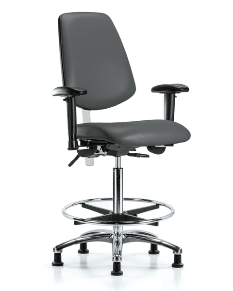 Class 100 Vinyl Clean Room Chair - High Bench Height with Medium Back, Adjustable Arms, Chrome Foot Ring, & Stationary Glides in Carbon Supernova Vinyl - NCR-VHBCH-MB-CR-T0-A1-CF-RG-8823