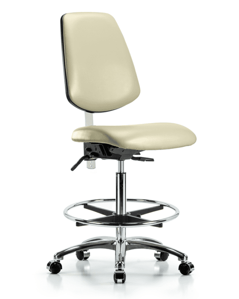 Class 100 Vinyl Clean Room Chair - High Bench Height with Medium Back, Seat Tilt, Chrome Foot Ring, & Casters in Adobe White Trailblazer Vinyl - NCR-VHBCH-MB-CR-T1-A0-CF-CC-8501