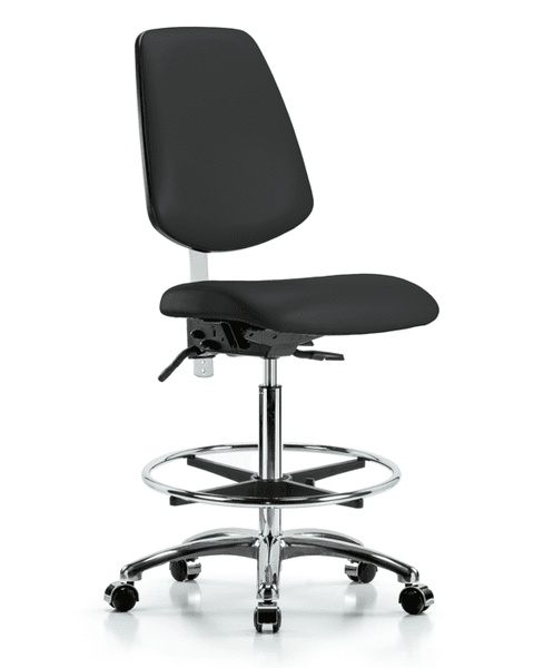 Class 100 Vinyl Clean Room Chair - High Bench Height with Medium Back, Seat Tilt, Chrome Foot Ring, & Casters in Black Trailblazer Vinyl - NCR-VHBCH-MB-CR-T1-A0-CF-CC-8540