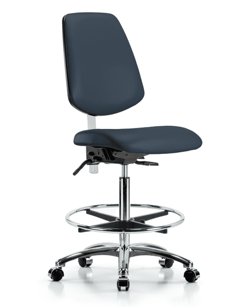 Class 100 Vinyl Clean Room Chair - High Bench Height with Medium Back, Seat Tilt, Chrome Foot Ring, & Casters in Imperial Blue Trailblazer Vinyl - NCR-VHBCH-MB-CR-T1-A0-CF-CC-8582