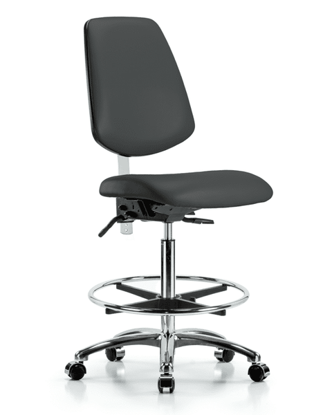 Class 100 Vinyl Clean Room Chair - High Bench Height with Medium Back, Seat Tilt, Chrome Foot Ring, & Casters in Charcoal Trailblazer Vinyl - NCR-VHBCH-MB-CR-T1-A0-CF-CC-8605