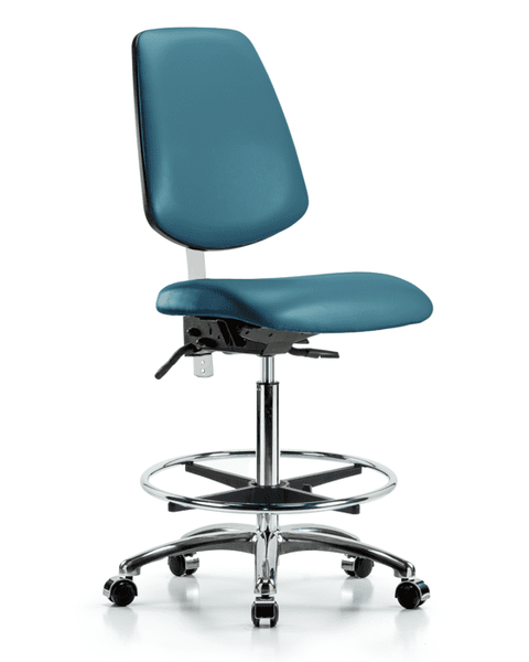 Class 100 Vinyl Clean Room Chair - High Bench Height with Medium Back, Seat Tilt, Chrome Foot Ring, & Casters in Marine Blue Supernova Vinyl - NCR-VHBCH-MB-CR-T1-A0-CF-CC-8801