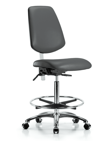 Class 100 Vinyl Clean Room Chair - High Bench Height with Medium Back, Seat Tilt, Chrome Foot Ring, & Casters in Carbon Supernova Vinyl - NCR-VHBCH-MB-CR-T1-A0-CF-CC-8823