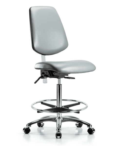 Class 100 Vinyl Clean Room Chair - High Bench Height with Medium Back, Seat Tilt, Chrome Foot Ring, & Casters in Sterling Supernova Vinyl - NCR-VHBCH-MB-CR-T1-A0-CF-CC-8840