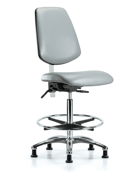 Class 100 Vinyl Clean Room Chair - High Bench Height with Medium Back, Seat Tilt, Chrome Foot Ring, & Stationary Glides in Dove Trailblazer Vinyl - NCR-VHBCH-MB-CR-T1-A0-CF-RG-8567