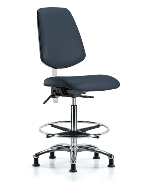 Class 100 Vinyl Clean Room Chair - High Bench Height with Medium Back, Seat Tilt, Chrome Foot Ring, & Stationary Glides in Imperial Blue Trailblazer Vinyl - NCR-VHBCH-MB-CR-T1-A0-CF-RG-8582