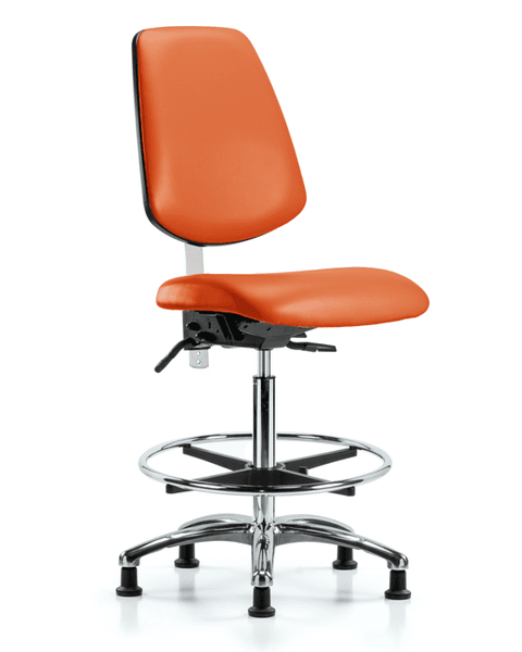 Class 100 Vinyl Clean Room Chair - High Bench Height with Medium Back, Seat Tilt, Chrome Foot Ring, & Stationary Glides in Orange Kist Trailblazer Vinyl - NCR-VHBCH-MB-CR-T1-A0-CF-RG-8613