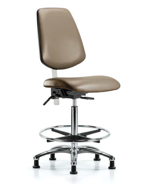 Class 100 Vinyl Clean Room Chair - High Bench Height with Medium Back, Seat Tilt, Chrome Foot Ring, & Stationary Glides in Taupe Supernova Vinyl - NCR-VHBCH-MB-CR-T1-A0-CF-RG-8809