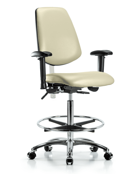 Class 100 Vinyl Clean Room Chair - High Bench Height with Medium Back, Seat Tilt, Adjustable Arms, Chrome Foot Ring, & Casters in Adobe White Trailblazer Vinyl - NCR-VHBCH-MB-CR-T1-A1-CF-CC-8501