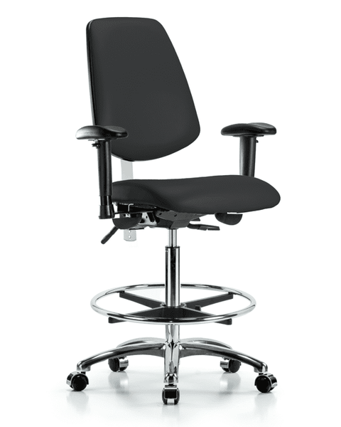 Class 100 Vinyl Clean Room Chair - High Bench Height with Medium Back, Seat Tilt, Adjustable Arms, Chrome Foot Ring, & Casters in Black Trailblazer Vinyl - NCR-VHBCH-MB-CR-T1-A1-CF-CC-8540