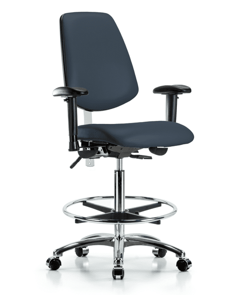 Class 100 Vinyl Clean Room Chair - High Bench Height with Medium Back, Seat Tilt, Adjustable Arms, Chrome Foot Ring, & Casters in Imperial Blue Trailblazer Vinyl - NCR-VHBCH-MB-CR-T1-A1-CF-CC-8582