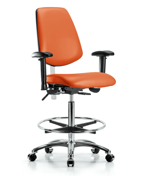 Class 100 Vinyl Clean Room Chair - High Bench Height with Medium Back, Seat Tilt, Adjustable Arms, Chrome Foot Ring, & Casters in Orange Kist Trailblazer Vinyl - NCR-VHBCH-MB-CR-T1-A1-CF-CC-8613