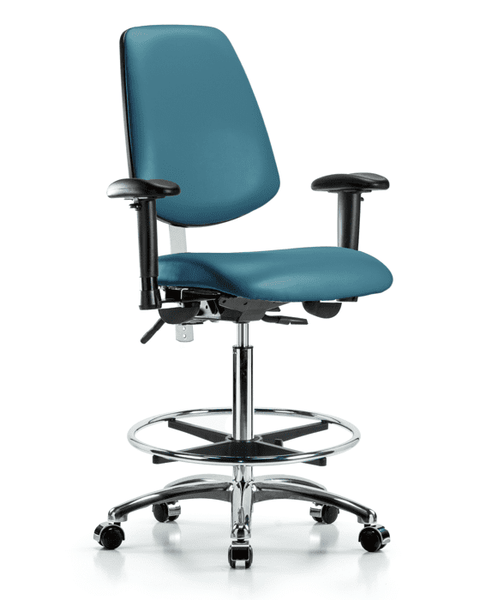 Class 100 Vinyl Clean Room Chair - High Bench Height with Medium Back, Seat Tilt, Adjustable Arms, Chrome Foot Ring, & Casters in Marine Blue Supernova Vinyl - NCR-VHBCH-MB-CR-T1-A1-CF-CC-8801