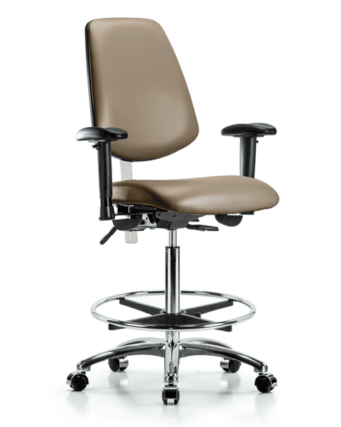 Class 100 Vinyl Clean Room Chair - High Bench Height with Medium Back, Seat Tilt, Adjustable Arms, Chrome Foot Ring, & Casters in Taupe Supernova Vinyl - NCR-VHBCH-MB-CR-T1-A1-CF-CC-8809