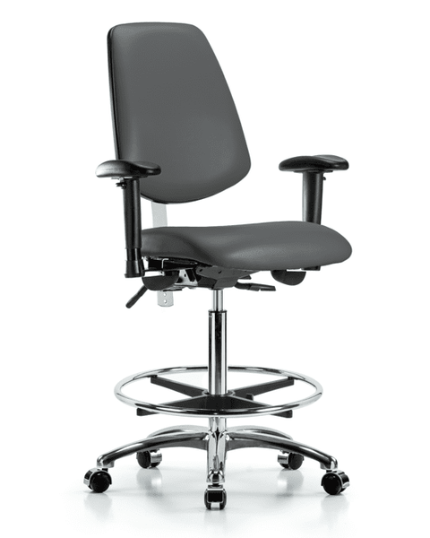 Class 100 Vinyl Clean Room Chair - High Bench Height with Medium Back, Seat Tilt, Adjustable Arms, Chrome Foot Ring, & Casters in Carbon Supernova Vinyl - NCR-VHBCH-MB-CR-T1-A1-CF-CC-8823