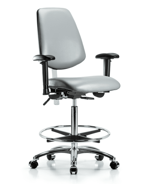 Class 100 Vinyl Clean Room Chair - High Bench Height with Medium Back, Seat Tilt, Adjustable Arms, Chrome Foot Ring, & Casters in Sterling Supernova Vinyl - NCR-VHBCH-MB-CR-T1-A1-CF-CC-8840