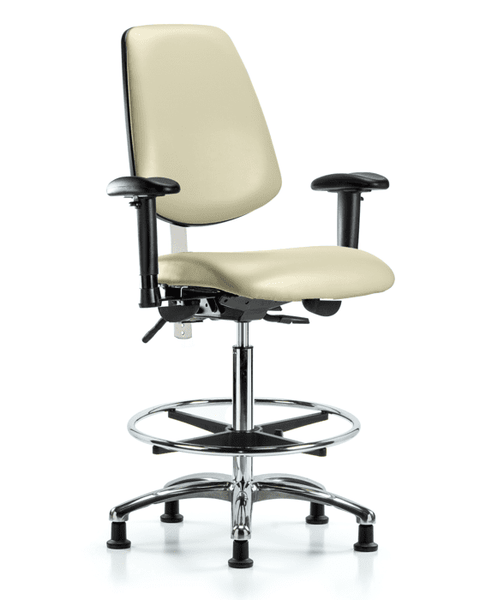 Class 100 Vinyl Clean Room Chair - High Bench Height with Medium Back, Seat Tilt, Adjustable Arms, Chrome Foot Ring, & Stationary Glides in Adobe White Trailblazer Vinyl - NCR-VHBCH-MB-CR-T1-A1-CF-RG-8501