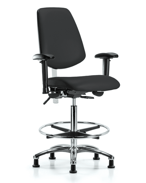 Class 100 Vinyl Clean Room Chair - High Bench Height with Medium Back, Seat Tilt, Adjustable Arms, Chrome Foot Ring, & Stationary Glides in Black Trailblazer Vinyl - NCR-VHBCH-MB-CR-T1-A1-CF-RG-8540