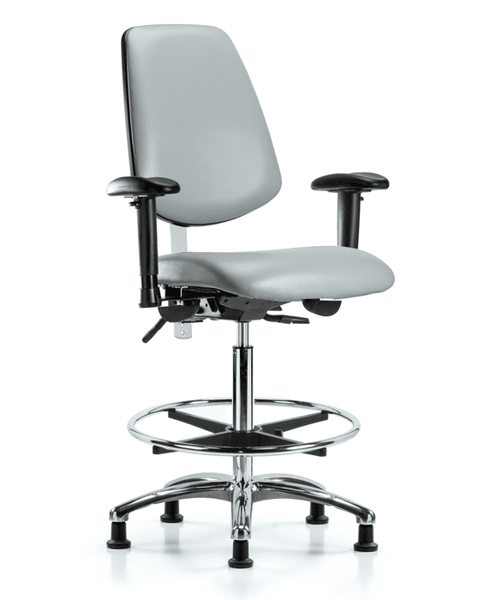 Class 100 Vinyl Clean Room Chair - High Bench Height with Medium Back, Seat Tilt, Adjustable Arms, Chrome Foot Ring, & Stationary Glides in Dove Trailblazer Vinyl - NCR-VHBCH-MB-CR-T1-A1-CF-RG-8567