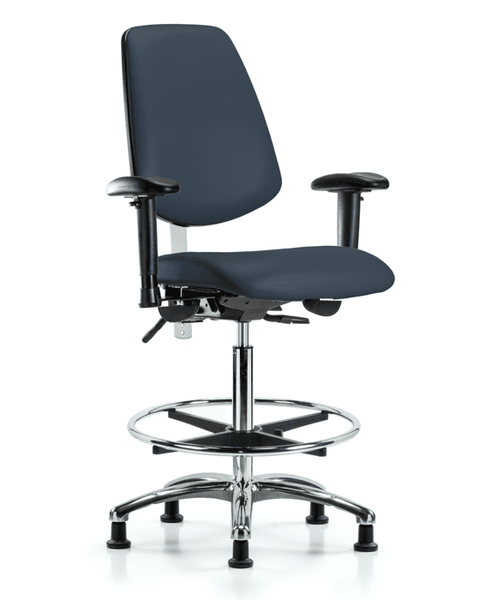 Class 100 Vinyl Clean Room Chair - High Bench Height with Medium Back, Seat Tilt, Adjustable Arms, Chrome Foot Ring, & Stationary Glides in Imperial Blue Trailblazer Vinyl - NCR-VHBCH-MB-CR-T1-A1-CF-RG-8582