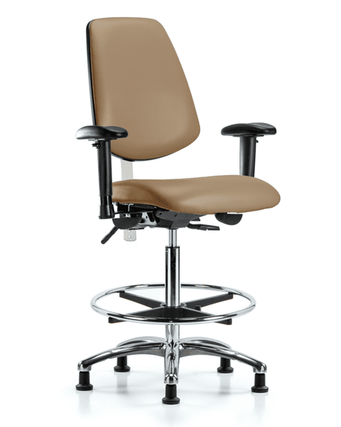 Class 100 Vinyl Clean Room Chair - High Bench Height with Medium Back, Seat Tilt, Adjustable Arms, Chrome Foot Ring, & Stationary Glides in Taupe Trailblazer Vinyl - NCR-VHBCH-MB-CR-T1-A1-CF-RG-8584